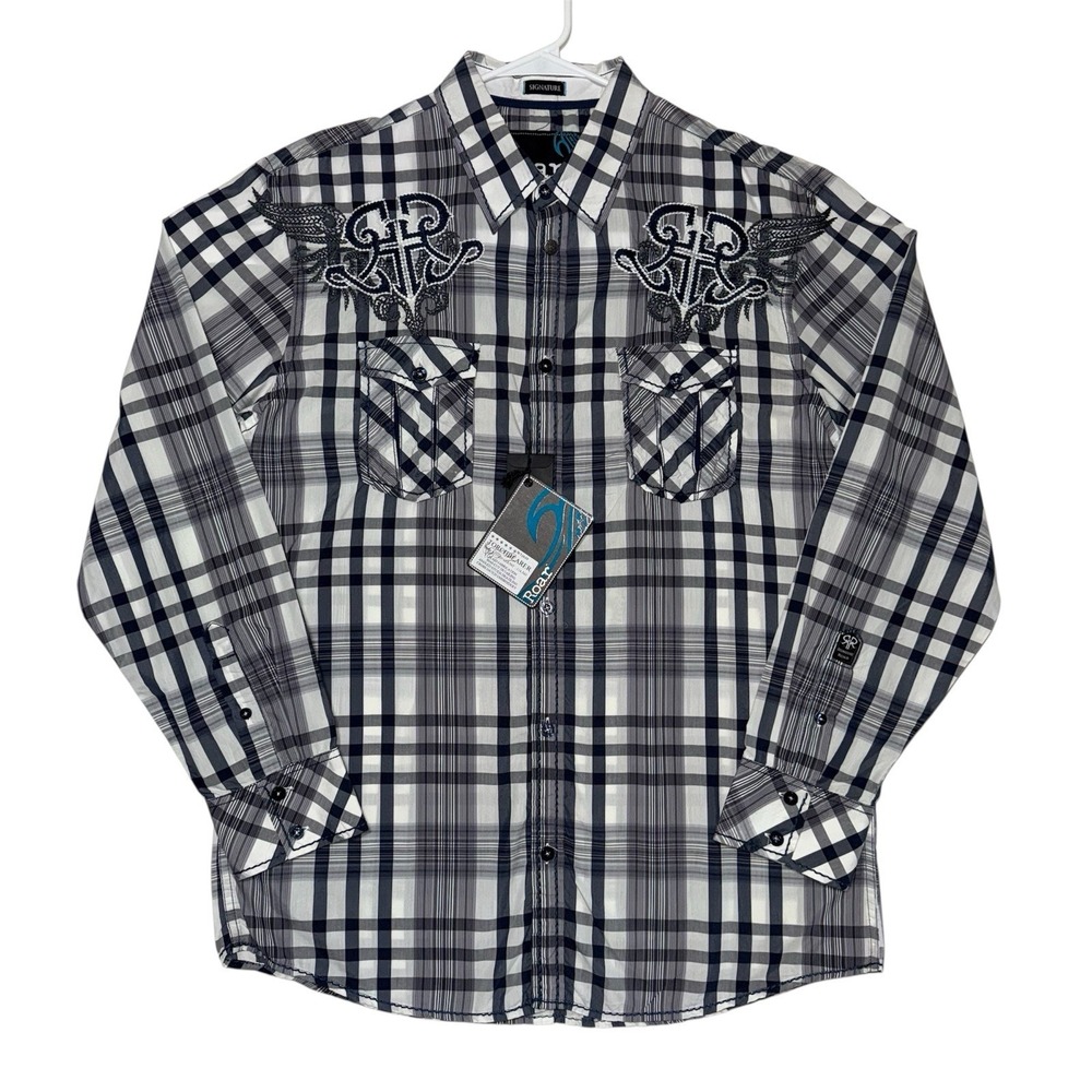ROAR Classic Embroidered Shirt Long Sleeve Button Size XL‎ Navy Blue White NEW